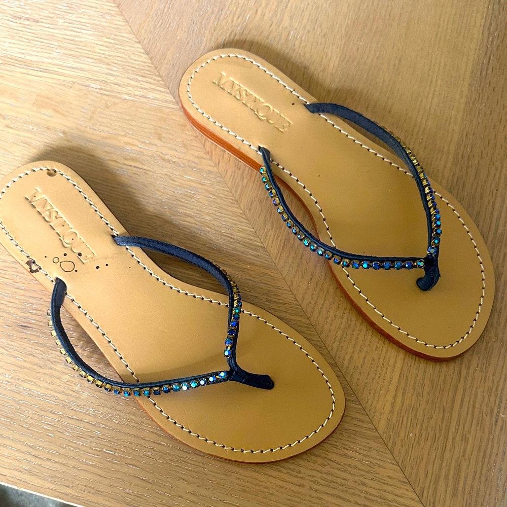 Mystique Boutique Tan Sandals with Blue Accents